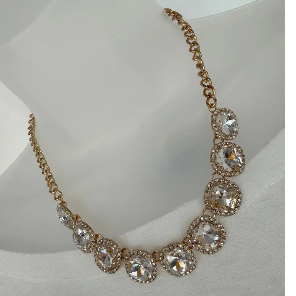 Gold Tone Clear Crystal Rhinestone Halo Bib Statement Necklace Adjustable 103-42